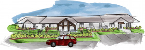 Illustration: front view of Spa Del, gated front yard with dogs playing, car in front