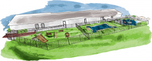 Illustration: rear view Spa Del facility with bone-shaped splash pad and other play areas